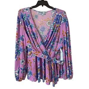 NWT Blue Sol Blouse Size 3X Lavender Floral Wrap With Tie, Long Sleeves V Neck